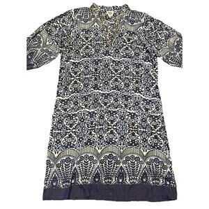 Ivy Jane Blue White Boho Floral Tunic Dress Sz L Embellished Sequins Cotton